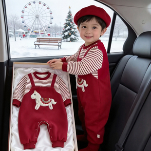 男宝宝拜年服2026马年婴儿连体衣加绒保暖哈衣中国风喜庆过年衣服