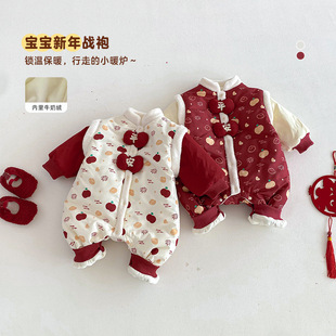 婴儿喜庆拜年服冬季宝宝中国风拼色加绒加厚连体衣新生儿过年衣服
