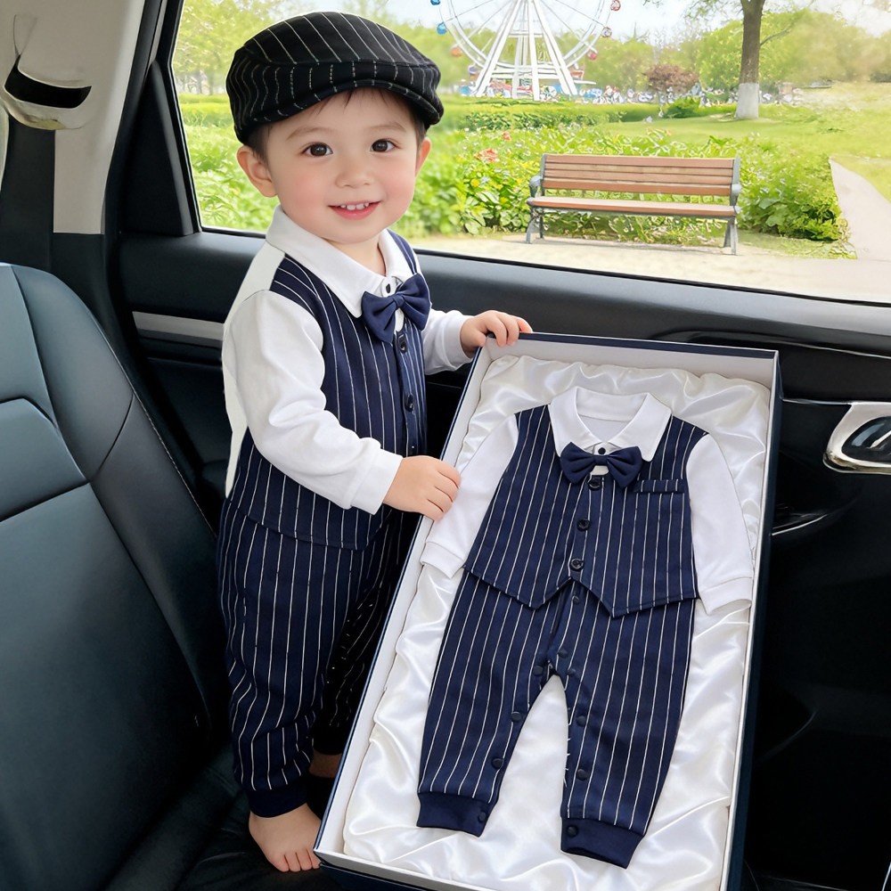 薄款男宝宝衣服满月百日周岁宴礼服春秋款长袖婴儿连体衣抓周爬服