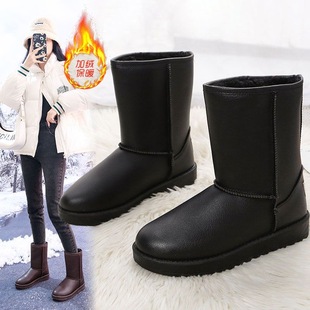 冬季 靴子软底 雪地靴中筒皮面加绒加厚棉靴子休闲保暖防滑防水女鞋