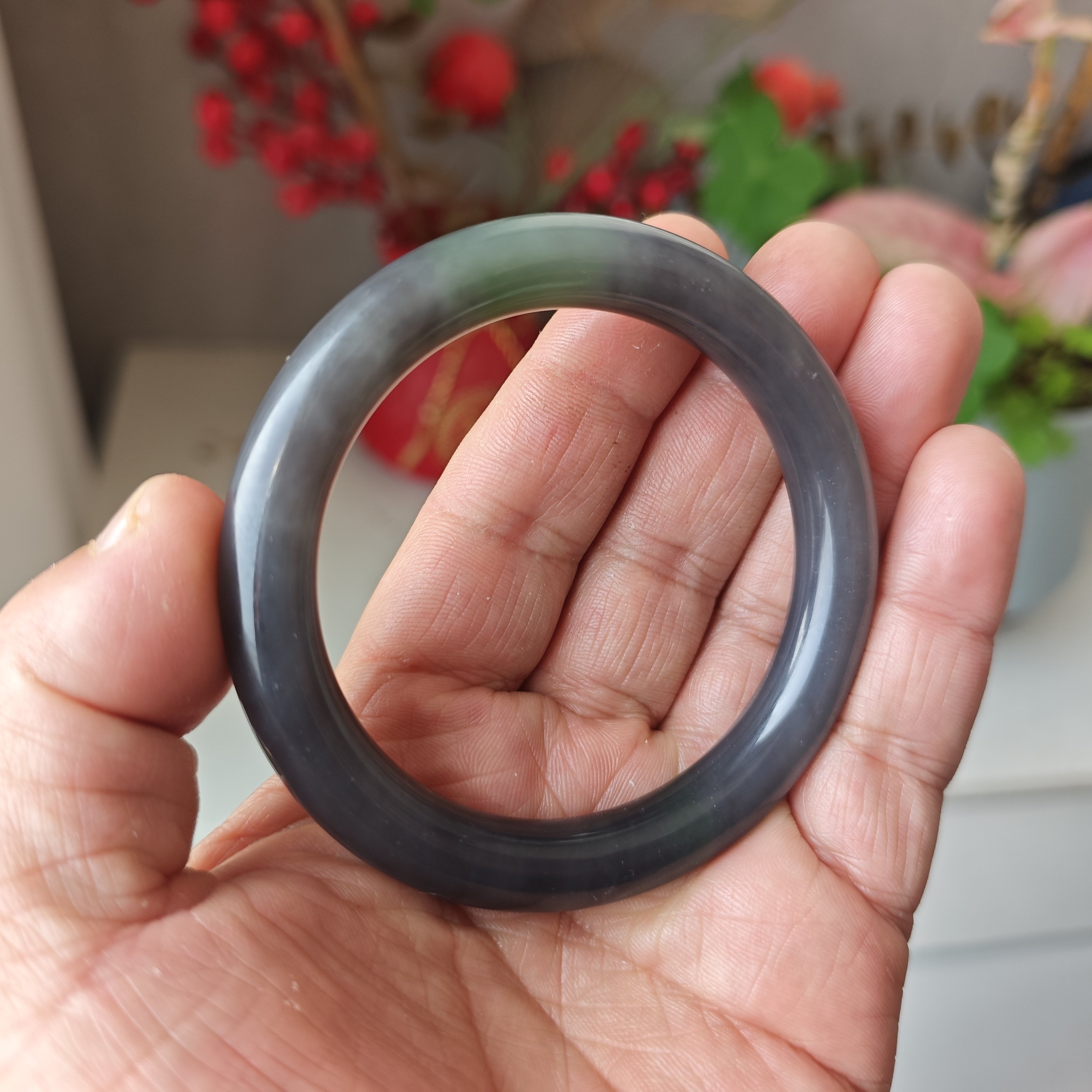 天然和田玉手镯烟紫带翠手镯圆条一物一图56圈放漏正品礼品