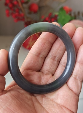 天然和田玉手镯烟紫带翠手镯圆条一物一图56圈放漏正品礼品