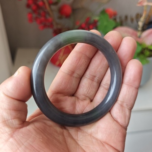 礼品 天然和田玉手镯烟紫带翠手镯圆条一物一图56圈放漏正品