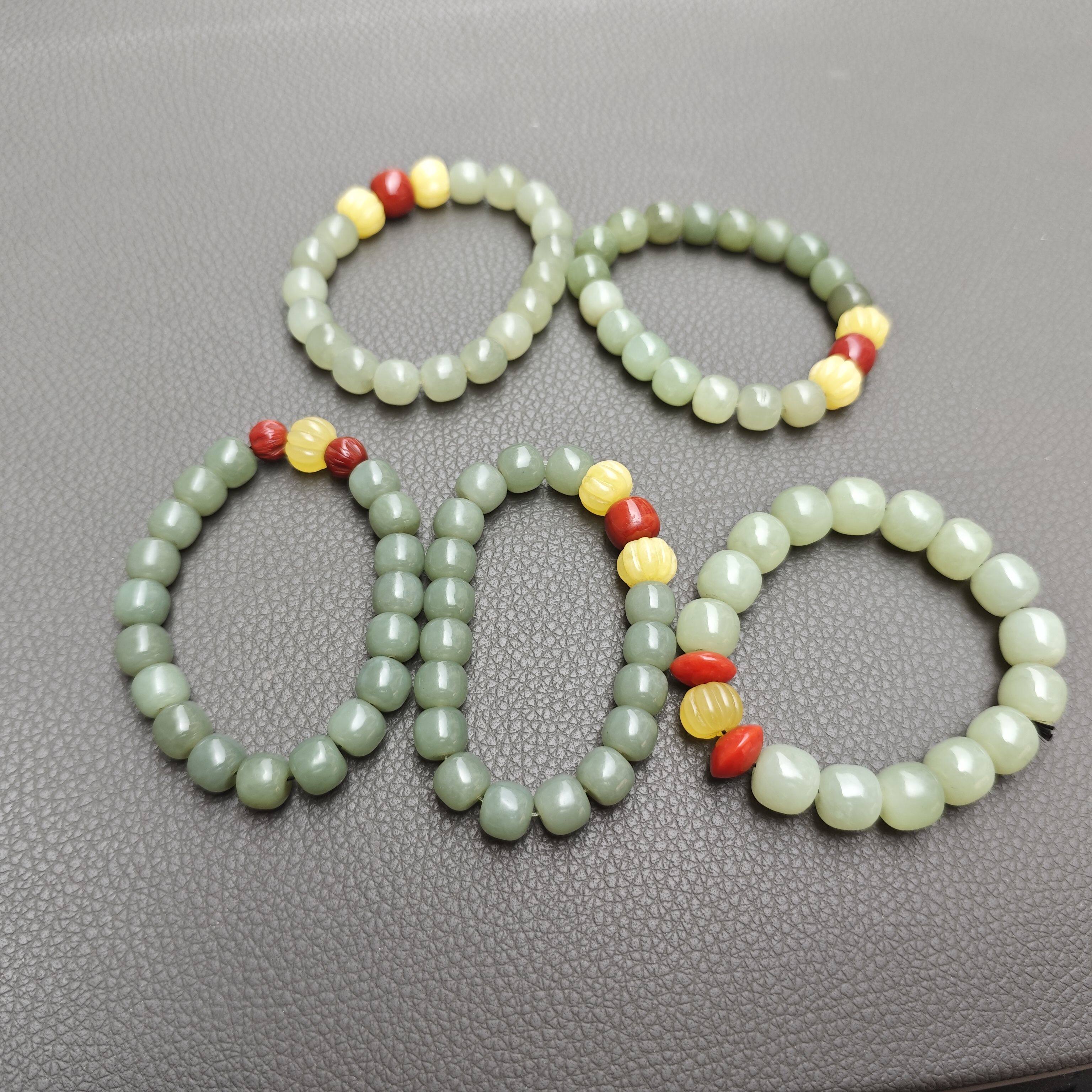 天然和田玉手链女款青白玉南红珠蜜蜡珠子玉石单圈手串送女友礼物