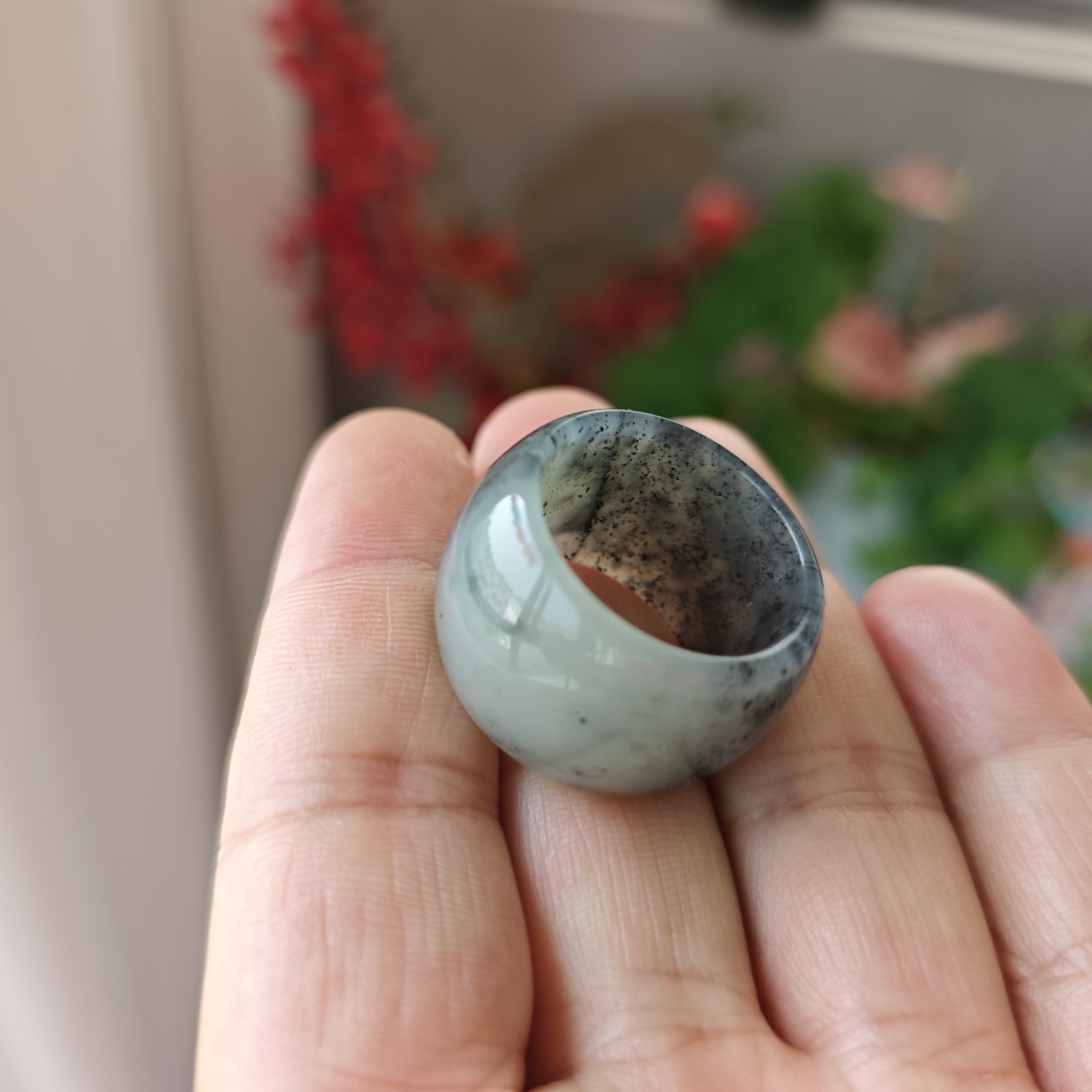 放漏和田玉青花墨玉戒指扳指一物一图男款指环黑白相间内径20mm