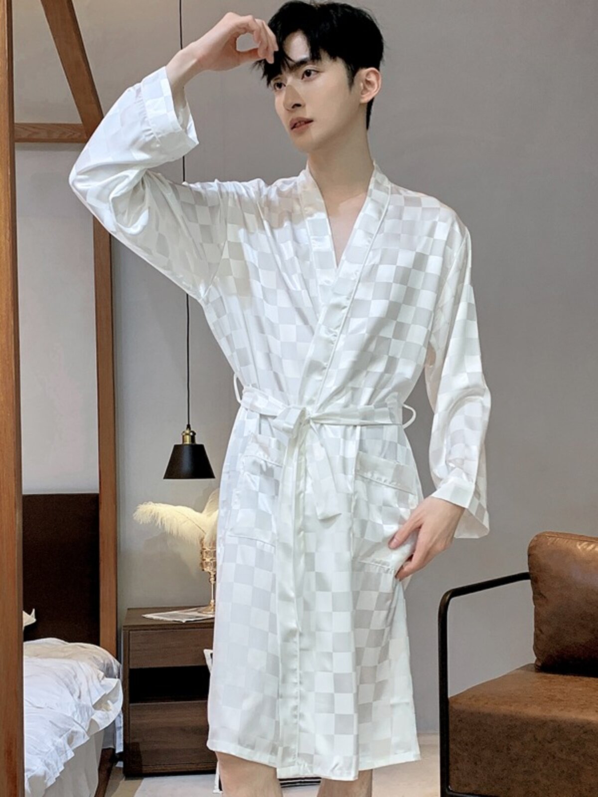 SUMMER MENS DRESSING GOWN ICE SILK PAJAMAS LONG SLEEVE WHITE BATHROBE SILK THIN LOUNGEWEAR MORNING ROBE SPRING AND SUMMER PLUS SIZE