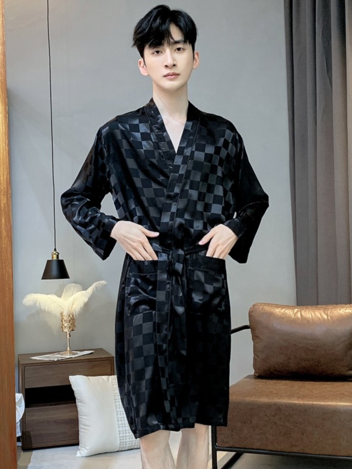 SUMMER MENS DRESSING GOWN ICE SILK PAJAMAS LONG SLEEVE WHITE BATHROBE SILK THIN LOUNGEWEAR MORNING ROBE SPRING AND SUMMER PLUS SIZE