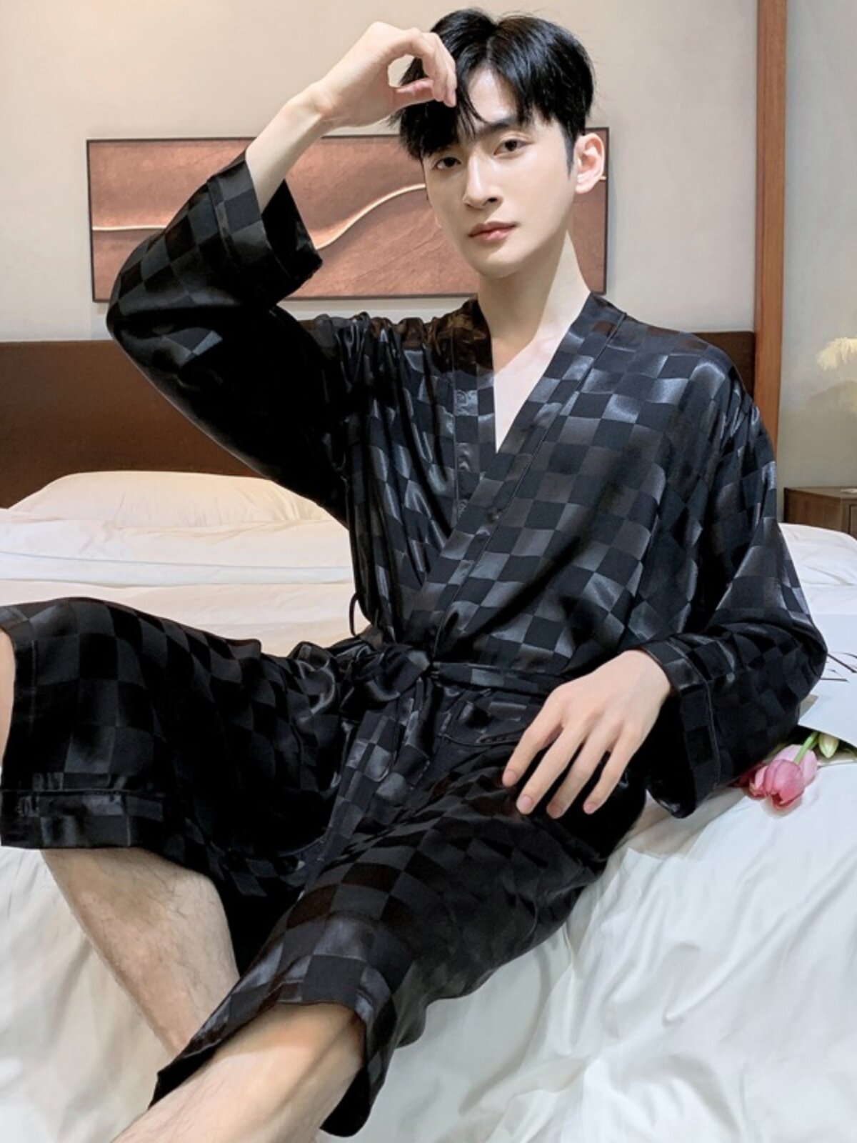 SUMMER MENS DRESSING GOWN ICE SILK PAJAMAS LONG SLEEVE WHITE BATHROBE SILK THIN LOUNGEWEAR MORNING ROBE SPRING AND SUMMER PLUS SIZE