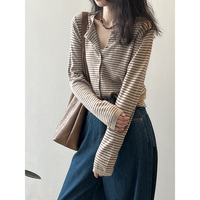 复古正肩条纹针织开衫女秋季圆领