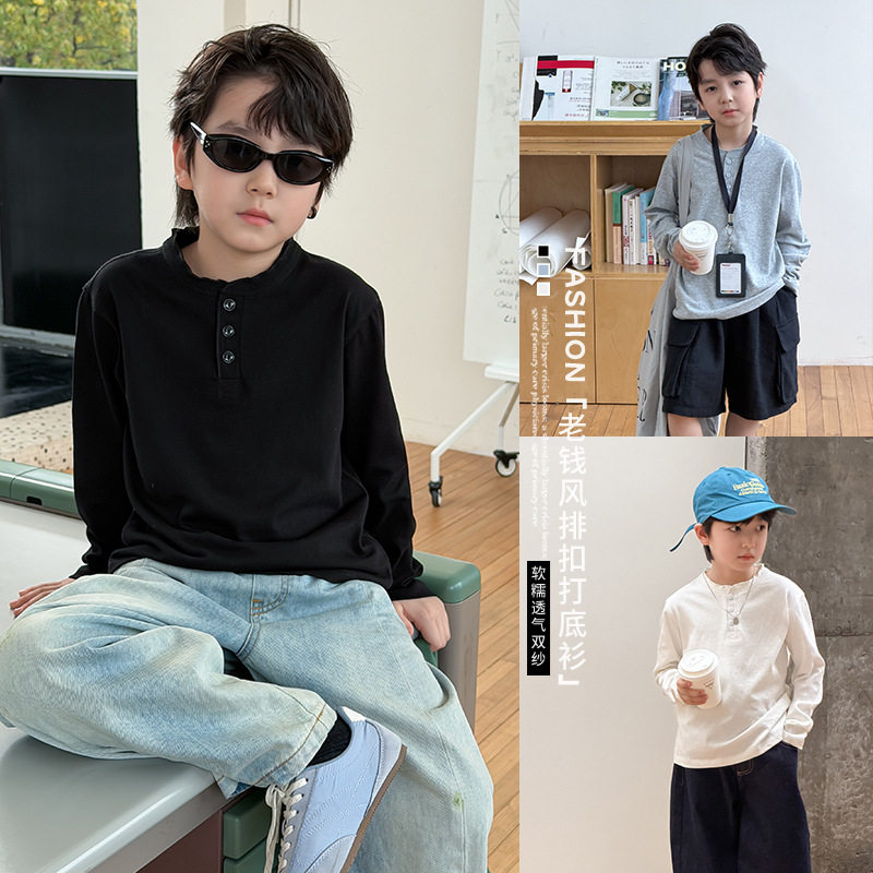 老钱风纽扣双纱简约打底衫长袖T