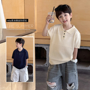 aoaokids 夏季款 中小儿童纯色透气POLO领冰爽丝针织毛衣短袖T恤