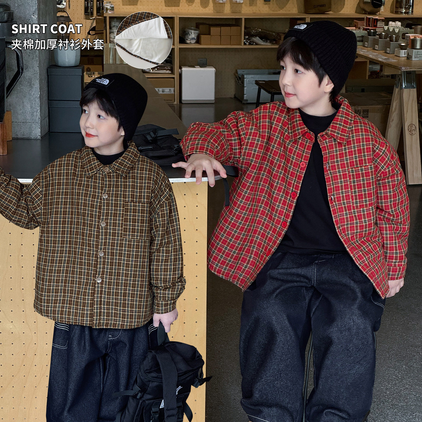 cookie kids 冬季款 中小儿童复古格纹休闲帅气夹棉格子衬衫外套