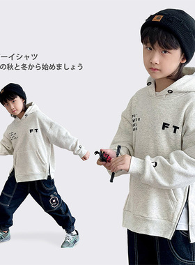 cookie kids 冬季款 中小童浅灰色拉链开叉设计休闲连帽卫衣 加绒