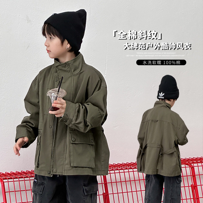 cookie kids 秋冬款 儿童复古大口袋风衣全棉斜纹中长款工装外套