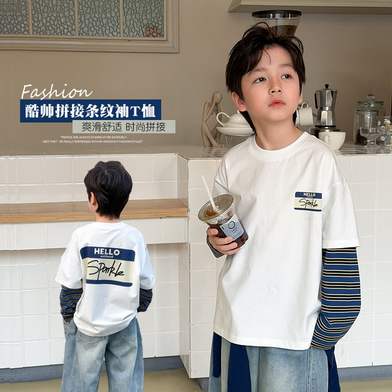 cookie kids 春秋款 中小儿童运动风字母印花假两件条纹长袖T恤潮