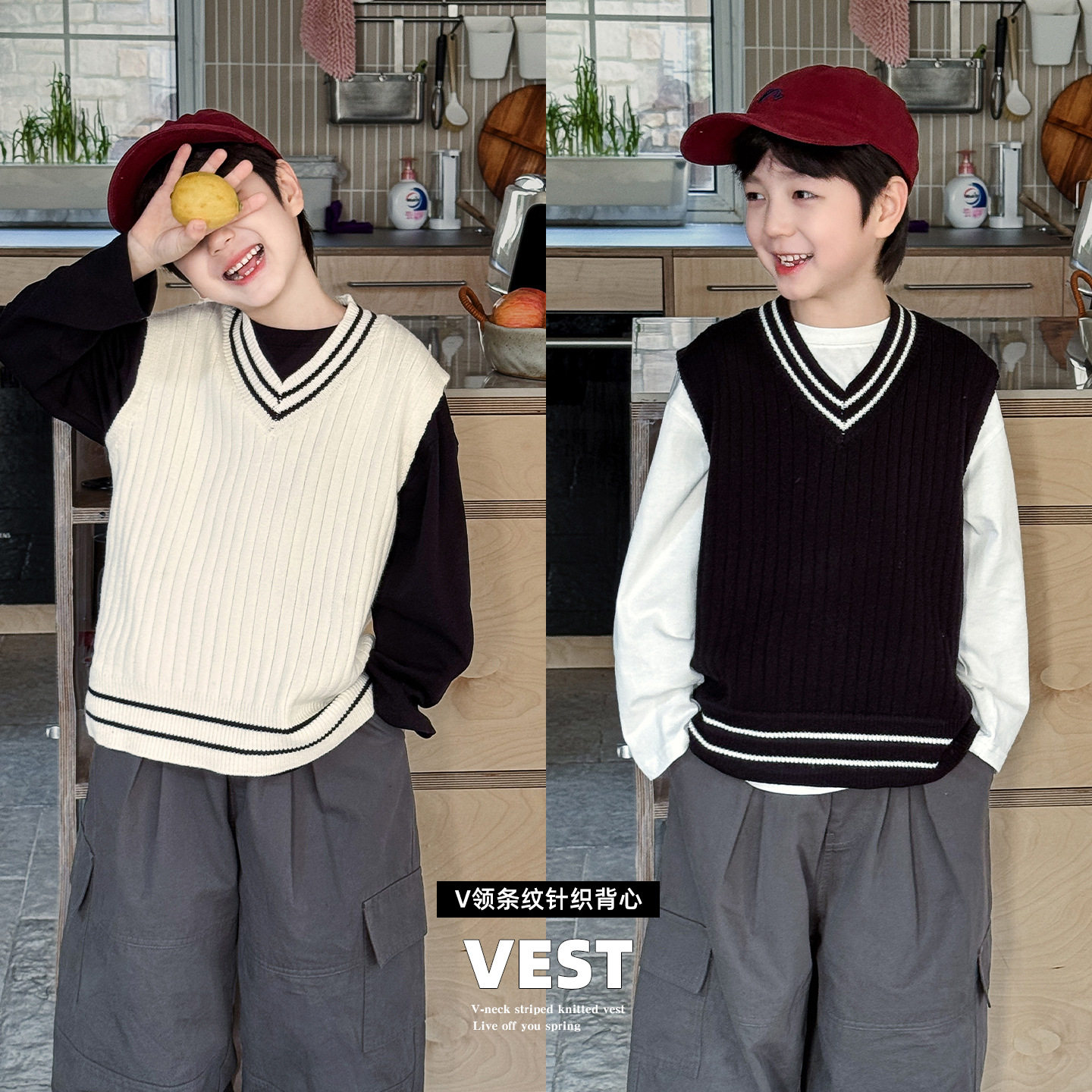 cookie kids 春季款 中小儿童V领条纹针织毛衣休闲宽松马甲背心潮