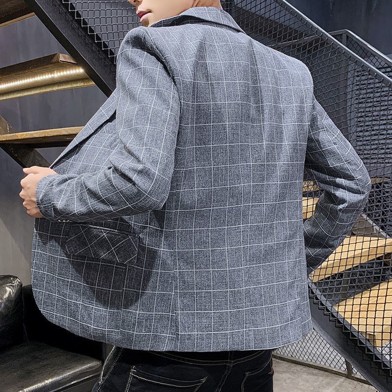 青年韩版修身小西装男士潮流格子西服春秋款休闲帅气外套单西上衣