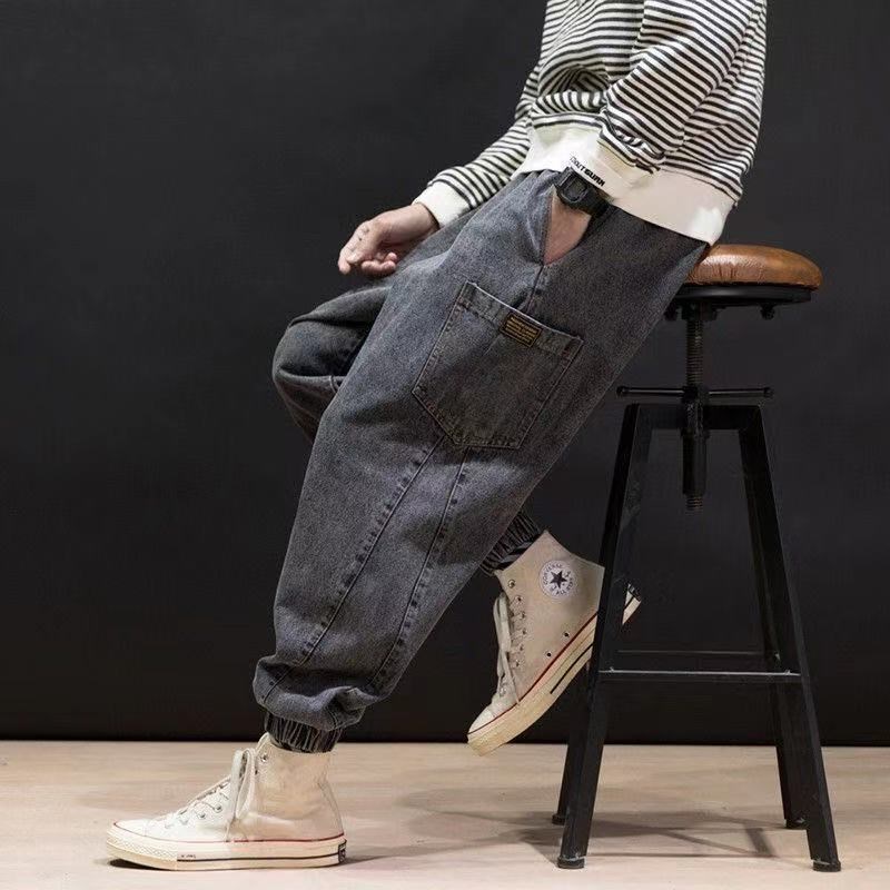 男装美式复古牛仔裤男潮牌宽松束脚阔腿春季加大码胖子休闲裤子男