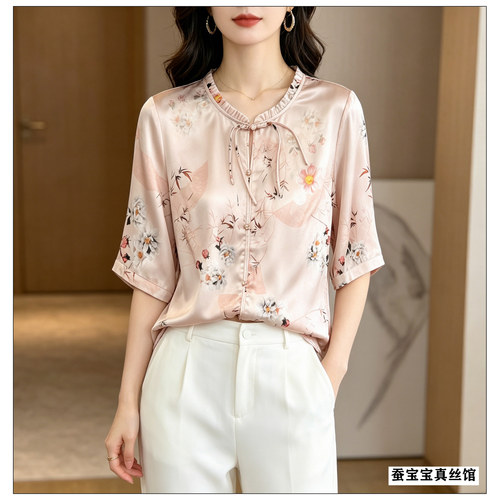 丝滑软糯免烫真丝衬衫通勤百搭款妈妈款印花宽松大码上衣百搭显瘦