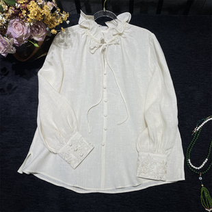 国风木耳花边领口亚麻原色百搭松弛感衬衫 新中式 短上衣 白月光