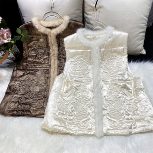 【瑞象纳福】新中式国风醋酸重工刺绣水貂毛边鸭绒羽绒马甲短上衣