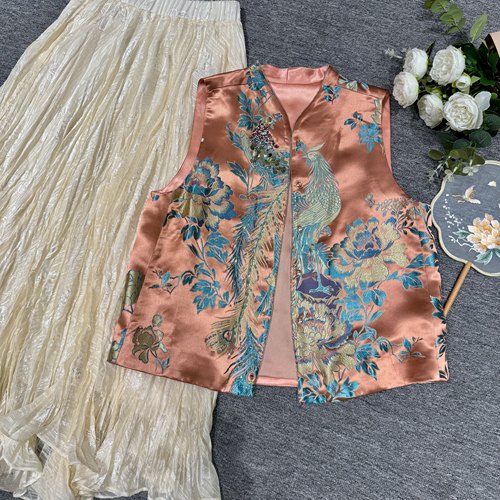 【丹凤牡丹】新中式国风桑蚕丝真丝老软缎手工钉珠马甲无袖上衣