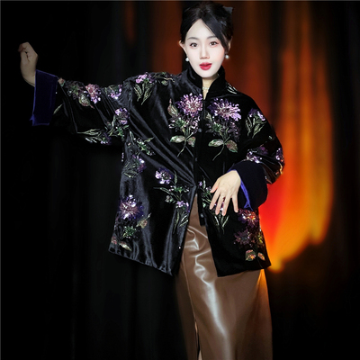 黄裳子真丝丝绒重工钉珠中式外套
