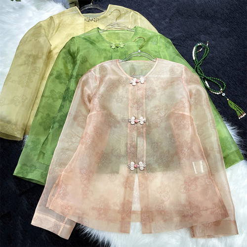 黄裳子桑蚕丝花朵提花中式衬衫