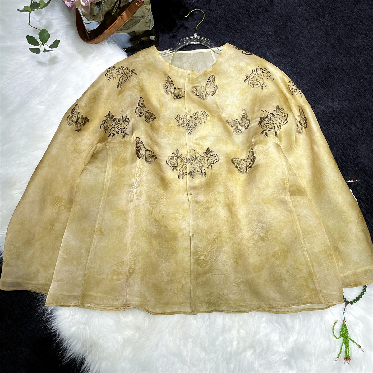 【蝶影雅韵】新中式国风扎染真丝欧根缎蝴蝶刺绣慵懒宽松外套上衣