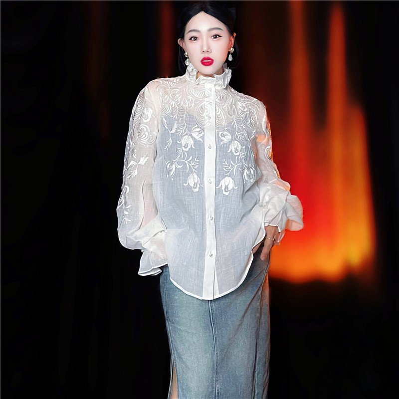 黄裳子苎麻定位刺绣中式衬衫
