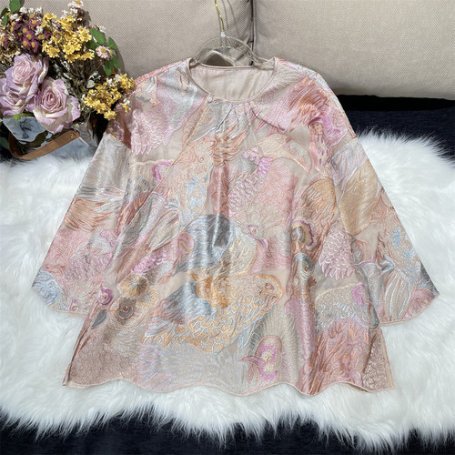 黄裳子真丝欧根缎刺绣中式衬衫