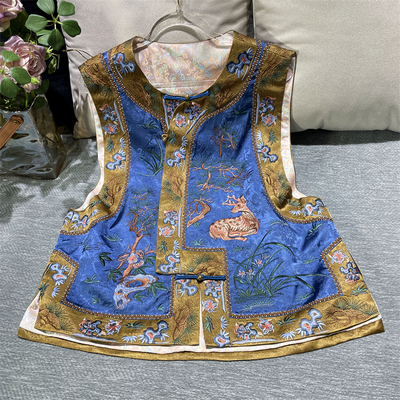 黄裳子斜襟醋酸刺绣中式马甲上衣