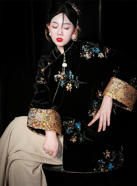 新款新中式国风重工钉珠黑色亮片唐装真丝绒女装旗袍外套气质上衣