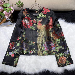 国风真丝老缎手工钉珠高级感老钱风外套短上衣 新中式 凤栖牡丹