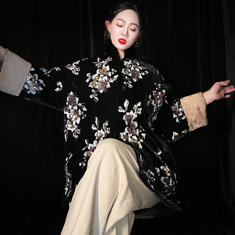 黄裳子真丝丝绒亮片刺绣中式外套