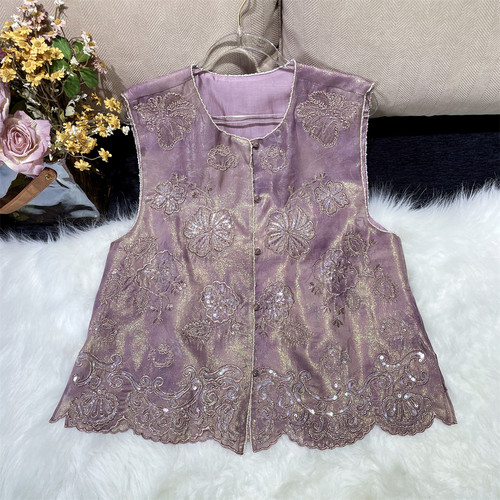 黄裳子真丝浮光手工钉珠中式马甲