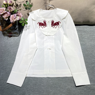 【红色福马】新中式国风云肩翻领立体植绒刺绣宽松百搭白衬衫上衣