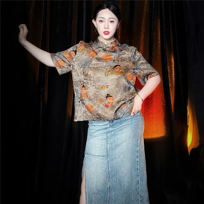 清～桑蚕丝香云纱真丝过泥染Q版小唐人短袖新中式旗袍短袖上衣