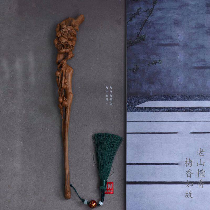 印度老山檀香纯手工雕刻梅花手把件把玩发簪木雕工艺品摆件