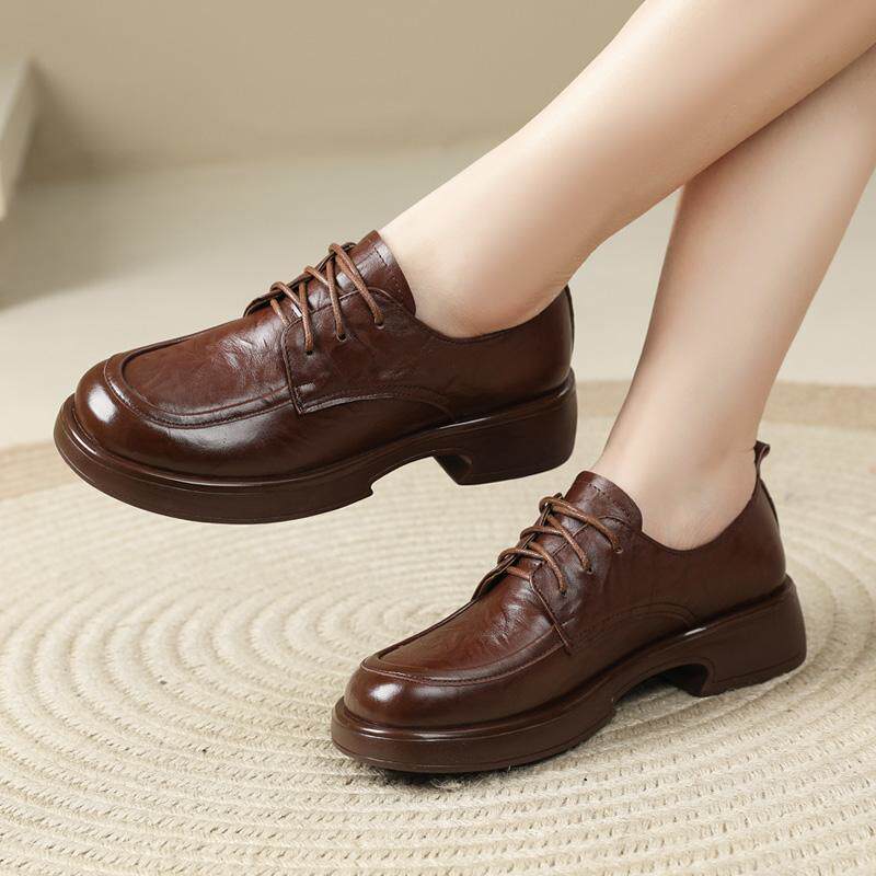 厚底系带小皮鞋女士休闲乐福鞋春秋女鞋子真皮软底英伦妈妈单鞋