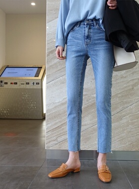 港风牛仔裤女高腰蓝色九分裤cec毛边直筒宽松显瘦浅色八分烟管