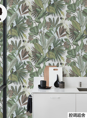 腔调壁画热带植物花鸟WALLPAPER民宿美容客厅卧室墙布墙纸Ｍ2915