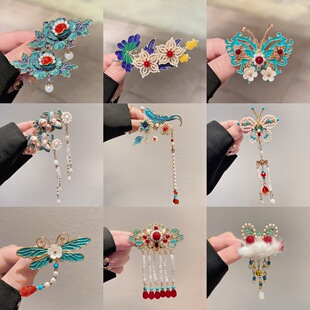 醒狮流苏蝴蝶结发夹女前额新年边夹汉服古风珍珠儿童红色拜年头饰