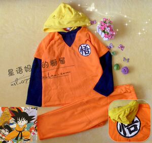外贸原单儿童超级赛亚人七龙珠绒衣服裤子2件套悟带帽7-15岁2366D