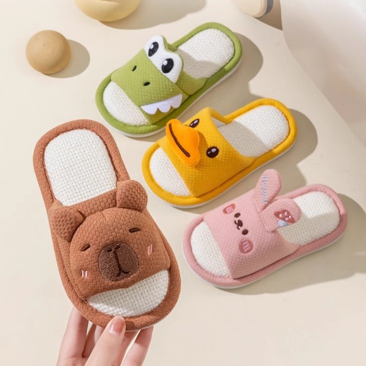 卡通动物夏季儿童亚麻拖鞋休闲四季轻便男童女童室内居家小孩拖鞋