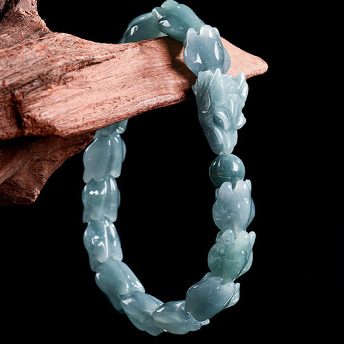 正品天然A货翡翠蓝水立体龙骨手串冰种玉石男款手链四会玉器珠宝