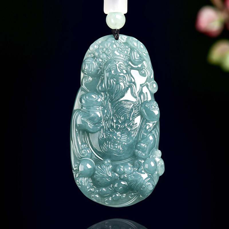 正品天然A货缅甸翡翠蓝水迎福财神吊坠好运通财冰种玉石挂件玉佩