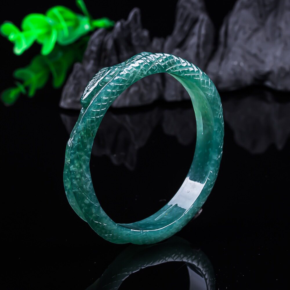 高档天然A货缅甸翡翠蓝水灵蛇手镯立体雕冰种玉石镯蛇个性假必赔