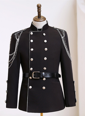 夏鸣星cos黑色腰带休闲西装演出服春夏新款舞台装男团歌手走秀服