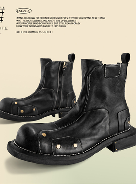 编界Rewrite  牌 国潮耐磨增高马丁靴复古高帮休闲纯黑男女皮鞋